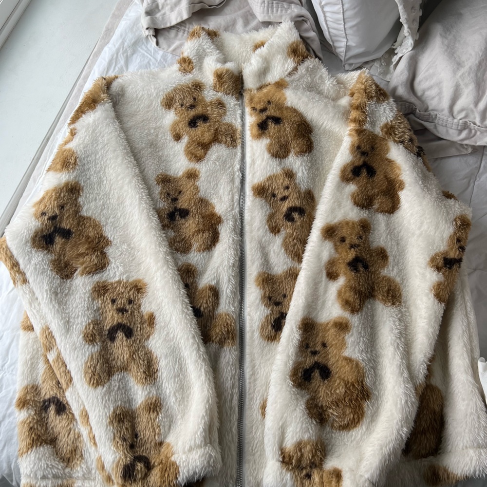 Fuzzy teddy bear zip up jacket